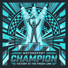 Obraz premium Motorsport Champion Celebrating Victory On Podium With Trophy Held High