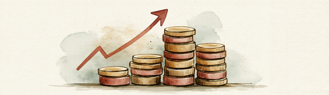 Illustration of stacked coins with a rising red arrow, symbolizing financial growth or increasing wealth.