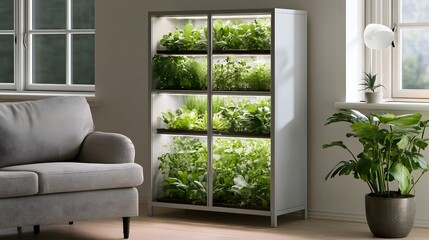 Fototapeta premium A modern indoor vertical garden unit filled with lush green plants under lighting in a cozy living room setting