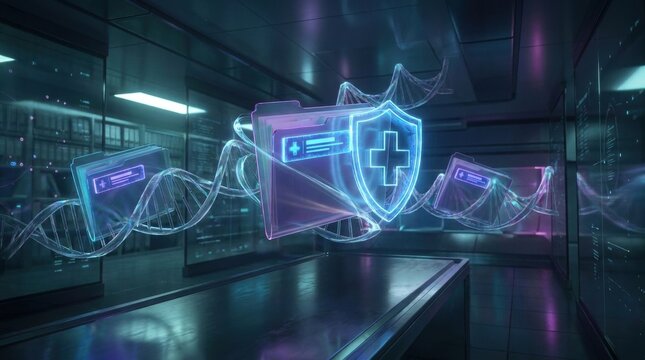 Digital Health Security: Futuristic holographic interface displaying DNA strands, a secure folder with a medical cross shield, and data panels.