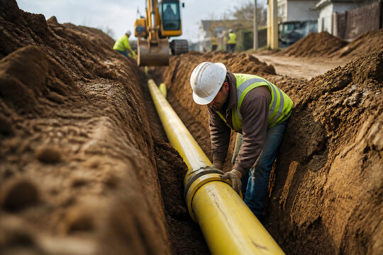 A construction worker is working on a large yellow pipe in a deep trench outdoors.