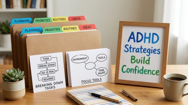 Organized workspace displaying ADHD management tools including colored file folders with planning tabs and a framed sign about building confidence plus a card for a 15 minute task on a solid desk top.