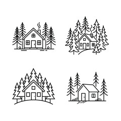 Obraz premium Four minimalist illustrations of cozy cabins surrounded by tall pine trees in a serene forest setting