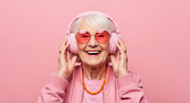 Happy senior woman wearing headphones. Elderly lady listening to music with pink glasses.