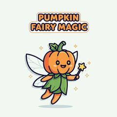 Fototapeta premium Cute pumpkin fairy with wings casting magic halloween vector illustration isolated on white background