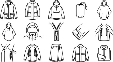 Black and White Line Art Icons of Outdoor Clothing and Gear © mahren