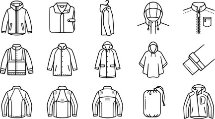 Outdoor Apparel and Rainwear Line Art Icons Collection. Black and White Outline Glyphs of Jackets, Coats, Ponchos, and Weather Protection Gear. © mahren