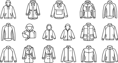 Fashion Apparel Jackets and Outerwear Line Art Icons Collection. Black and White Outline Illustrations of Hoodies, Coats, and Raincoats for Clothing Design. © mahren
