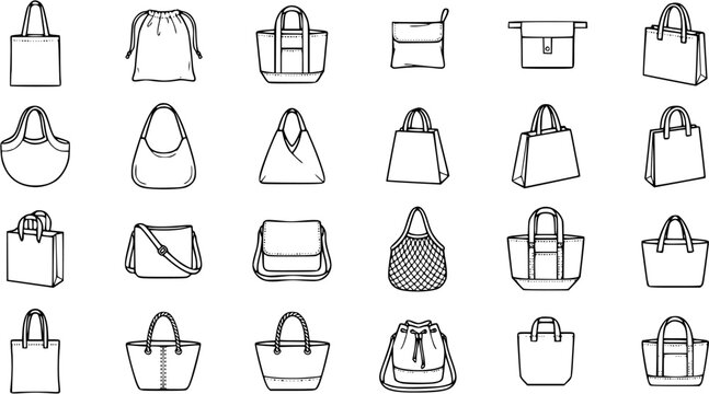 Fashion Accessories Handbags Collection Black and White Line Art Icons. Outline set of various purse, tote bag, shopper, and satchel styles for retail.