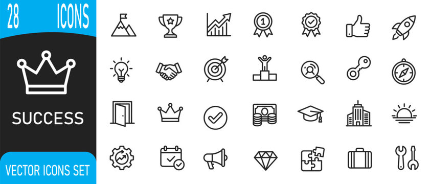 Success achievement vector icon set business growth motivation and positive outcomes