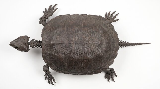A detailed overhead view of a complete turtle skeleton, showcasing its ancient carapace, skull, limbs, and tail structure on a plain background.