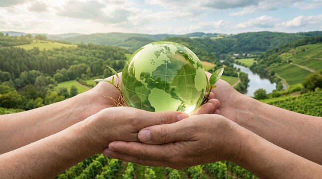 Multiple hands cradle a glowing green globe representing Earth, set against a vibrant, lush green landscape with hills and a river, symbolizing environmental care and global sustainability.