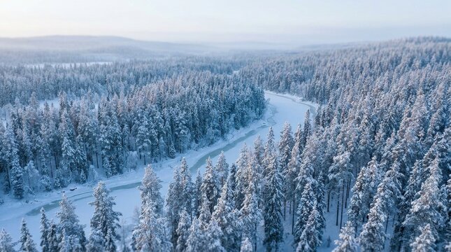 Winter's Embrace: An aerial view captures a serene winter landscape where a winding river cuts through a dense forest blanketed in pristine snow. The soft.