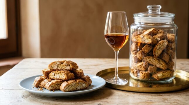 Traditional Italian almond cantucci biscuits arranged on a blue plate served with a glass of golden sweet wine and a large glass jar filled with crunchy biscotti on a rustic wooden table indoors