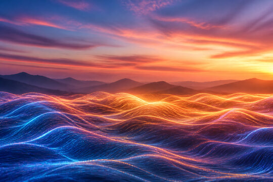 Abstract glowing wave patterns over a colorful sunset landscape.