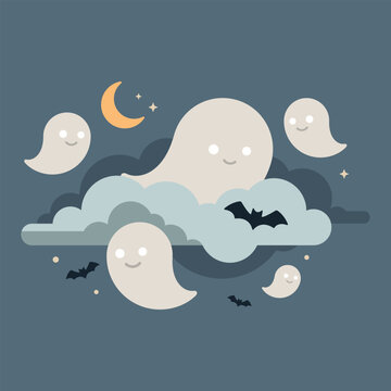 Minimalist cute ghosts floating on a cloud with night sky background square template