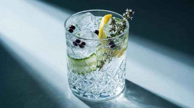 Refreshing Gin and Tonic: A crisp gin and tonic served in a crystal glass, garnished with cucumber, mint, juniper berries, and a lemon twist. Ideal for a hot summer day.