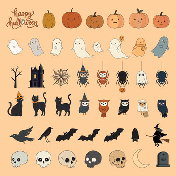 Set of cute Halloween elements isolated childish style