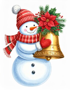 A cheerful snowman wearing a red hat and scarf holds a decorated golden bell adorned with holly, pine, and a red poinsettia flower.