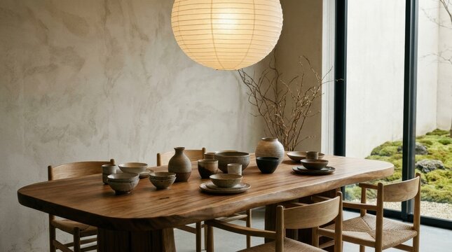 A Serene Dining Setting: A beautifully crafted wooden dining table, adorned with minimalist ceramic tableware, is illuminated by a delicate paper lantern, creating an atmosphere of tranquil elegance.