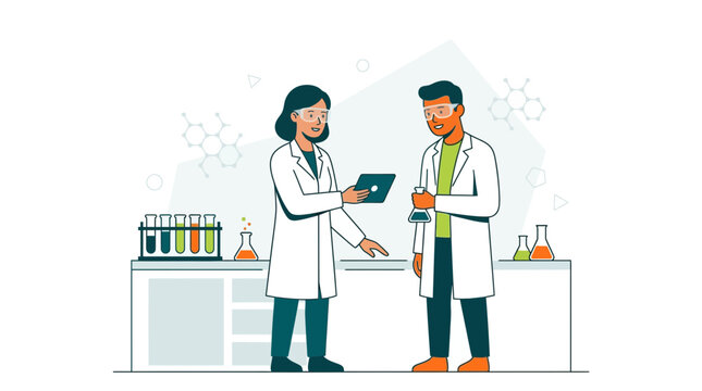 Two scientists in lab coats and goggles discuss research results on a tablet, surrounded by lab equipment and molecular diagrams.
