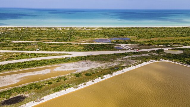 Aerial of the colourful salinas of Las Coloradas, Yucatan, Mexico
