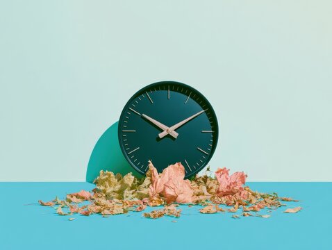 Black analog clock among dried autumn leaves on a smooth blue surface for daylight saving and seasonal time concepts