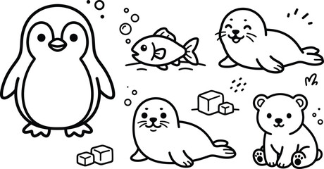 Cute arctic animals coloring page vector set with a penguin seal polar bear fish and ice cubes © Hafizul
