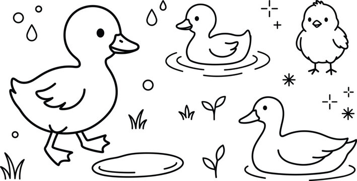 Cute ducklings and baby chick line art vector set with pond raindrops grass and farm bird elements