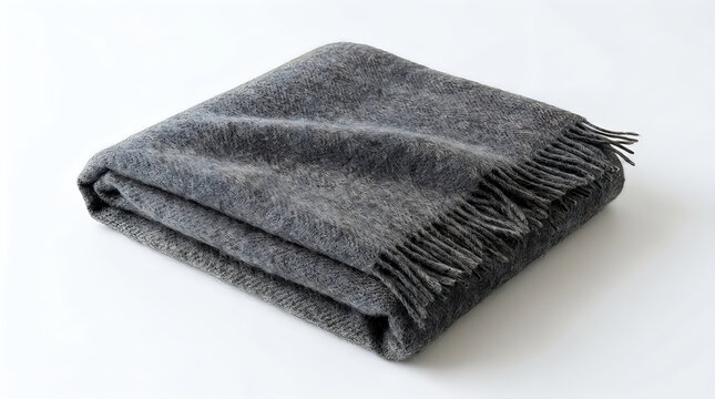 Charcoal gray wool blanket with fringe, folded soft cashmere throw on white background, cozy winter home textile for interior decor