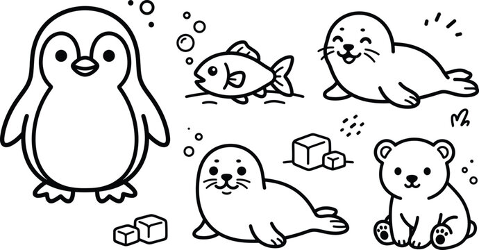 Cute arctic animals coloring page vector set with a penguin seal polar bear fish and ice cubes