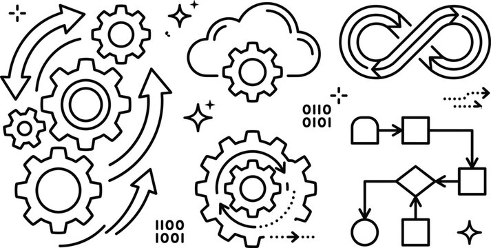 DevOps software development line icons set with gears cloud infinity loop flowchart process arrows and binary code elements