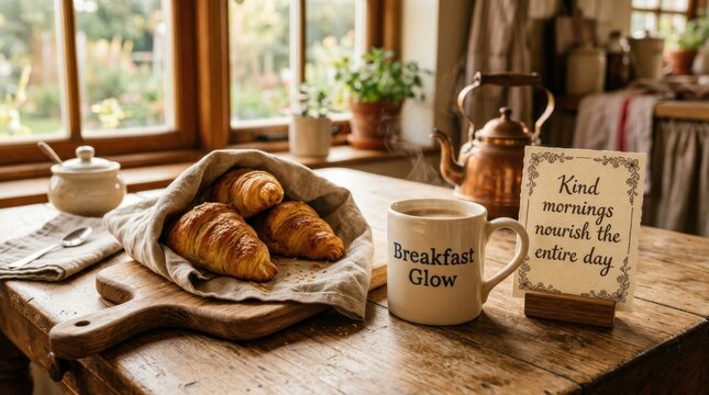 Golden baked croissants wrapped in linen cloth sit beside a steaming coffee mug with inspirational quote on a rustic wooden table by a bright kitchen window during a warm peaceful morning atmosphere..