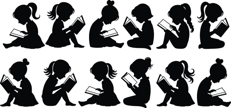 Children reading silhouettes diverse poses for educational and literary designs