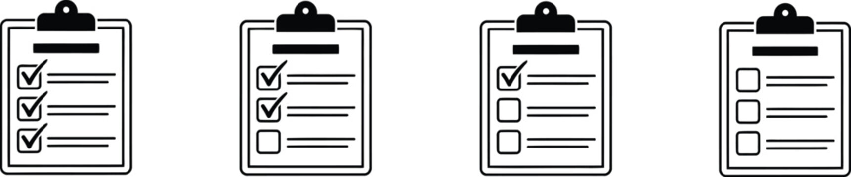 Four black and white clipboard with checklist and checkmarks to do list