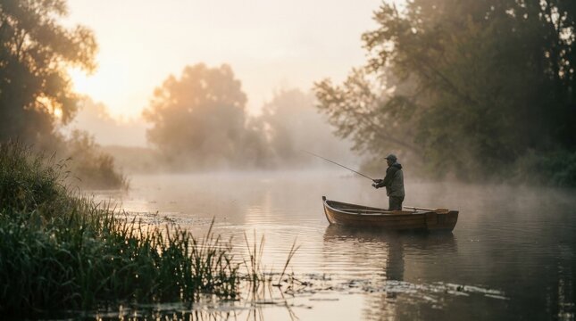 Lone Angler at Dawn: A solitary figure casts a line from a small boat on a misty river as the sun begins to rise, creating a serene and tranquil atmosphere.