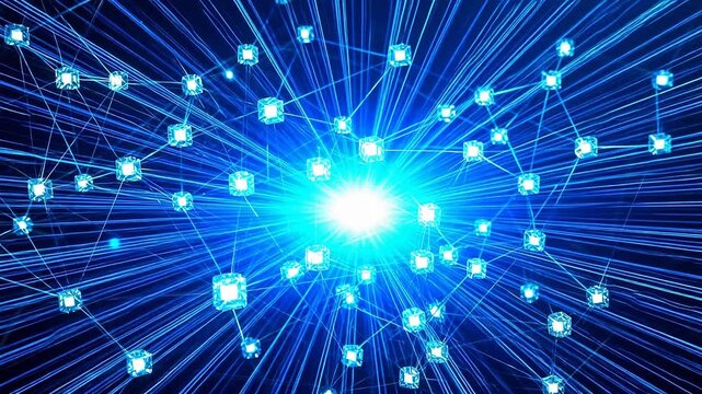 Dynamic Blue Network of Glowing Cubes with Central Light Pulse - Abstract Digital Connectivity Visualization