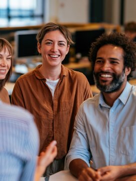 Diverse group of business people in an animated discussion, featuring a smiling woman in a brown shirt for team collaboration and office culture content