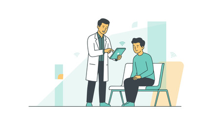 Fototapeta premium Doctor consulting patient on tablet in modern clinic waiting room, healthcare technology concept