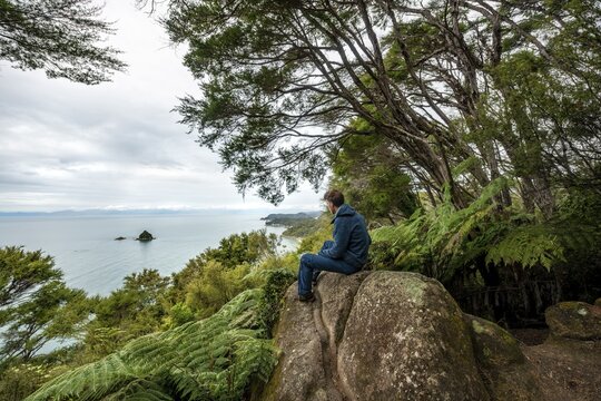 Young man sits on rock and looks out to sea, Abel Tasman National Park, South Island, New Zealand