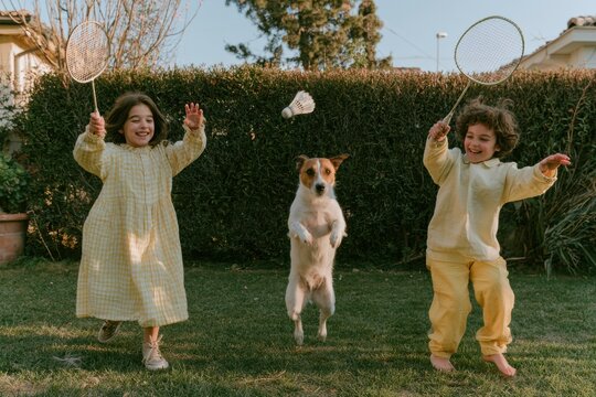 Jack Russell Terrier jumping between two children playing badminton on a sunlit lawn, capturing a joyful, energetic moment for family and pet lifestyle content