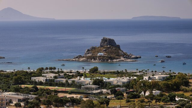 Panoramic view of an island in the sea and surrounding landscape with buildings, Agios Stefanos Beach, Agios Stefanos Basilica, Basilica, Kastri Island, Kos, Dodecanese, Greek Islands, Greece