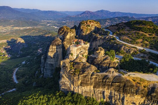 Aerial, Varlaam monastery at morning light, Meteora monastery, Thessaly, Greece