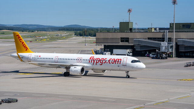 Pegasus Flypgs Airlines Airbus A321 neo is taxiing at ZRH Zurich international airport