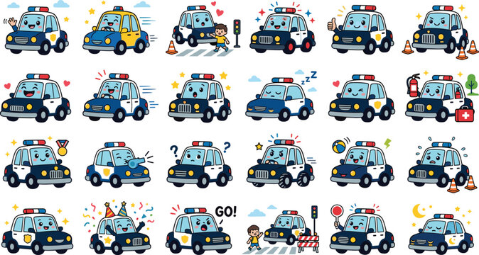 Kawaii Cartoon Police Car Emoji Expression Vector Set with Cute Cop Vehicle Characters for Kids Stickers, Educational Apps, Mobile Games, and Children Book Illustrations