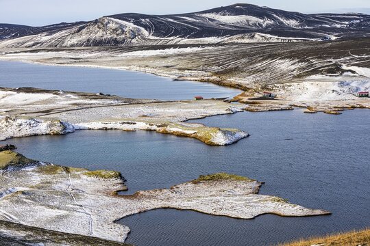 Crater lakes in a volcanic landscape, onset of winter, Fjallabak Nature Reserve, Sudurland, Iceland