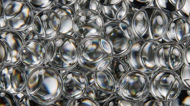 Close up of clear spheres abstract reflections and transparent bubble texture