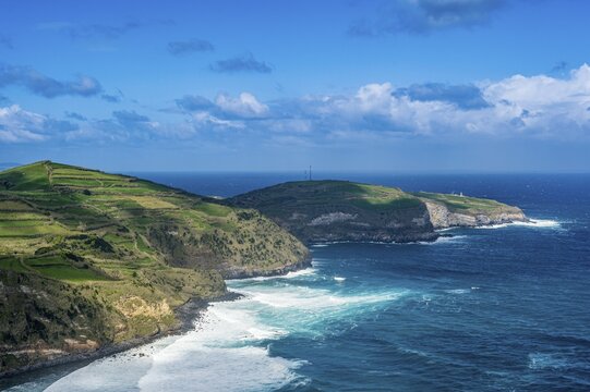 Overlook over the northern coastline from the viewpoint Santa Iria Island of Sao Miguel, Azores, Portugal