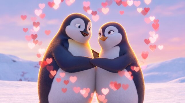 Two Cartoon Penguins Holding Hands with Heart Shapes