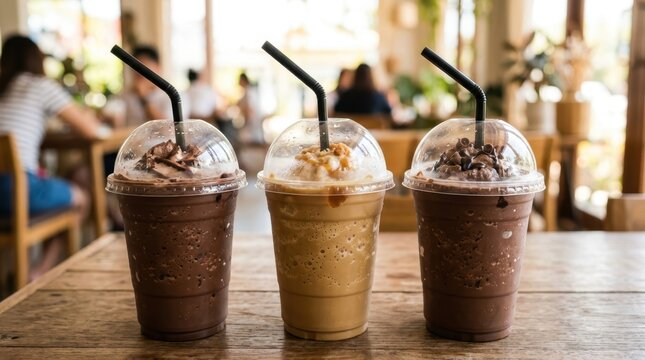 Three delicious chocolate and coffee frappes in plastic takeaway cups with black straws sitting on a wooden table in a sunny modern cafe showcasing refreshing cold beverages for summer relaxation now